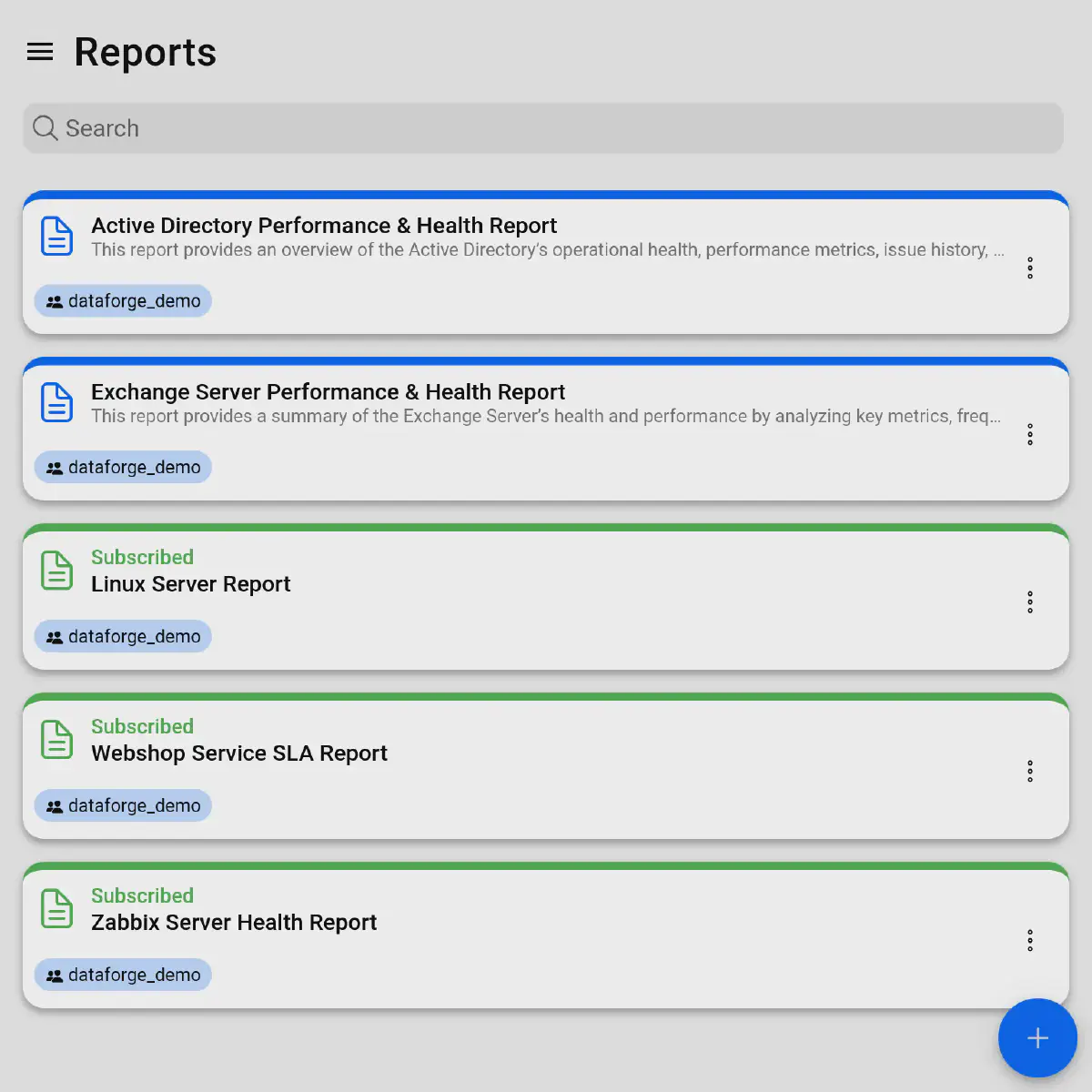 DataForge Liste der Berichtskonfigurationen